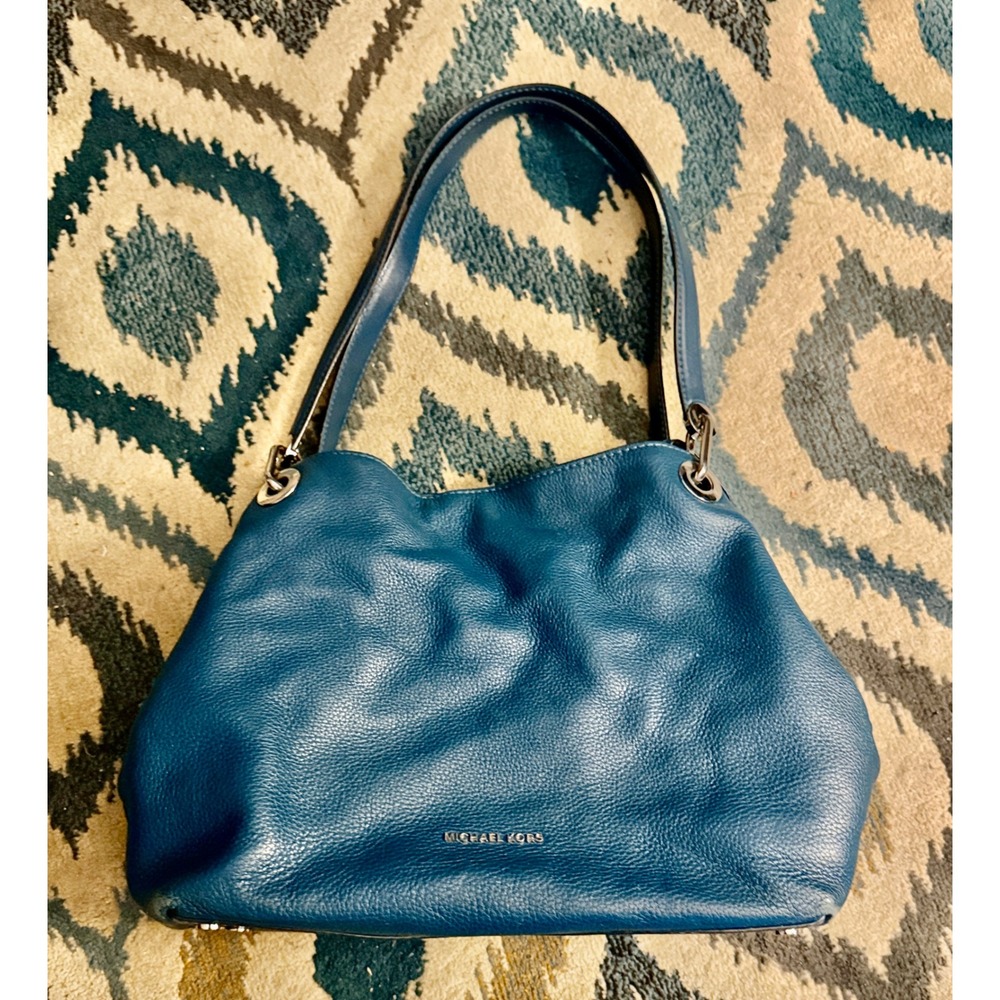 Michael Kors Shoulder Bag Women Large Teal Blue Pebbled Leather Multi-Pocket